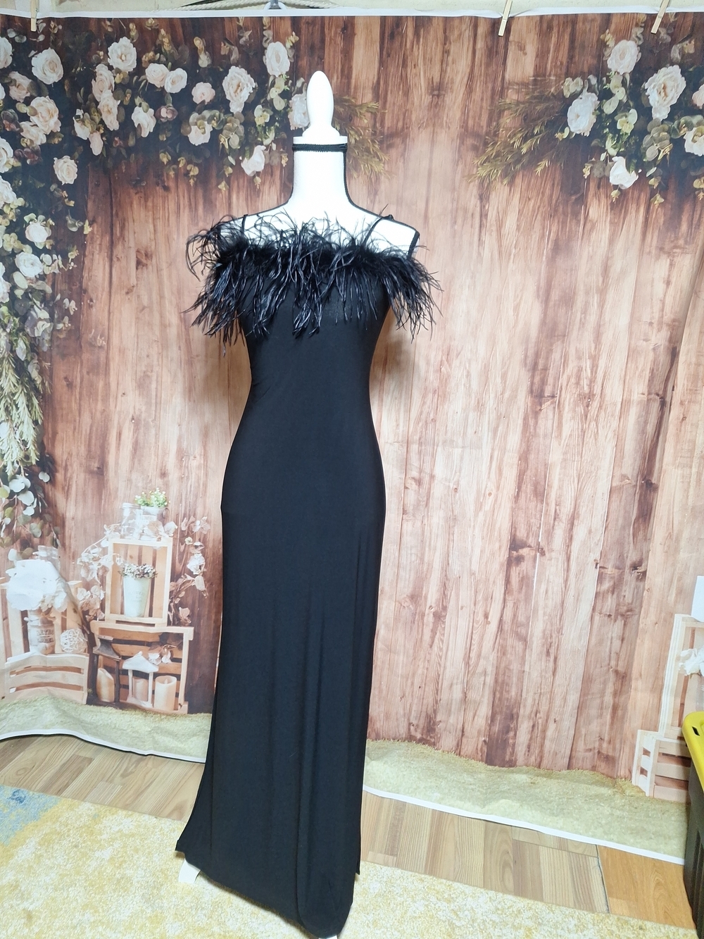 Black Feather Trim Prom Formal Gown - Picture 2 of 8